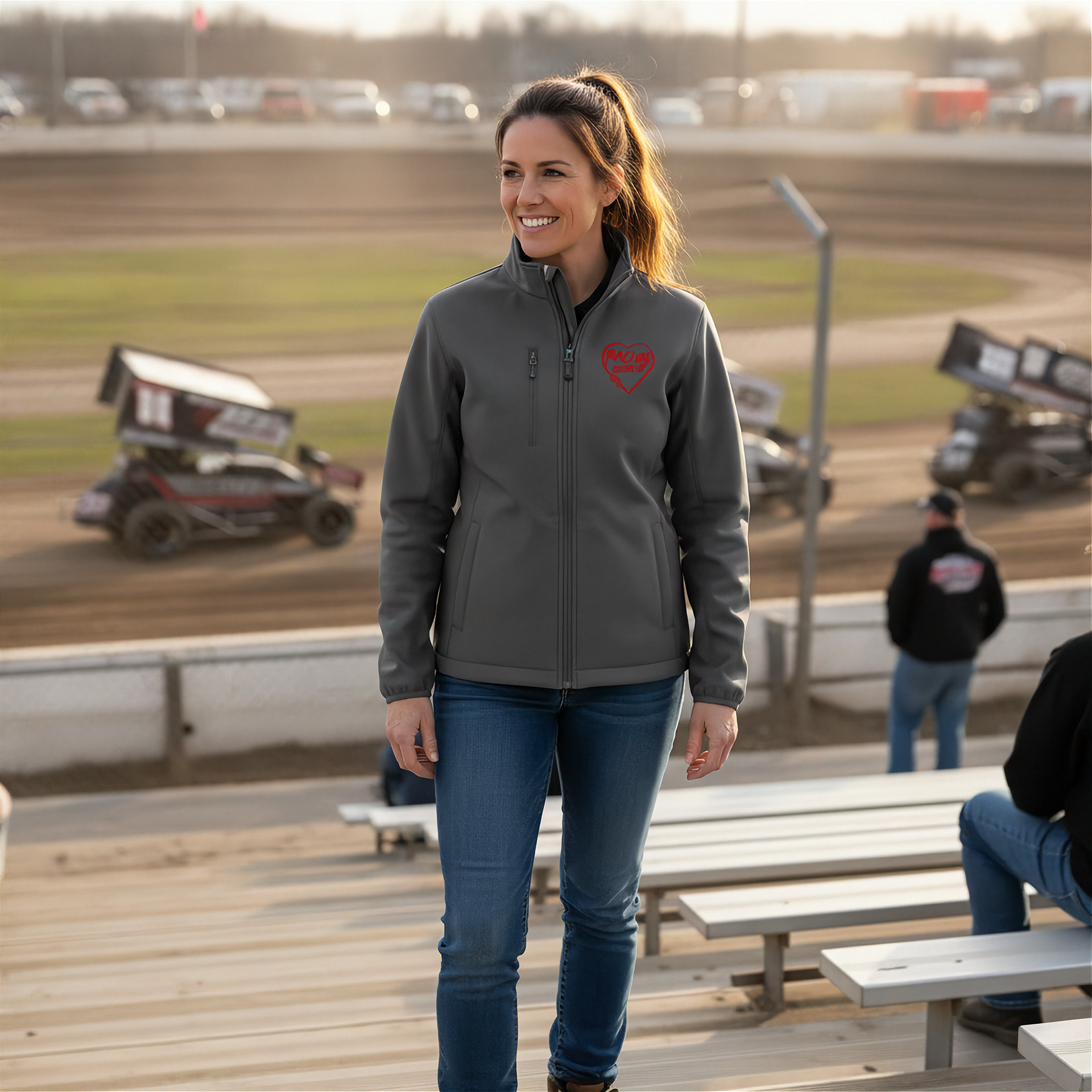 Woman wearing a gray jacket with a red racing daughter heart design at a race track.