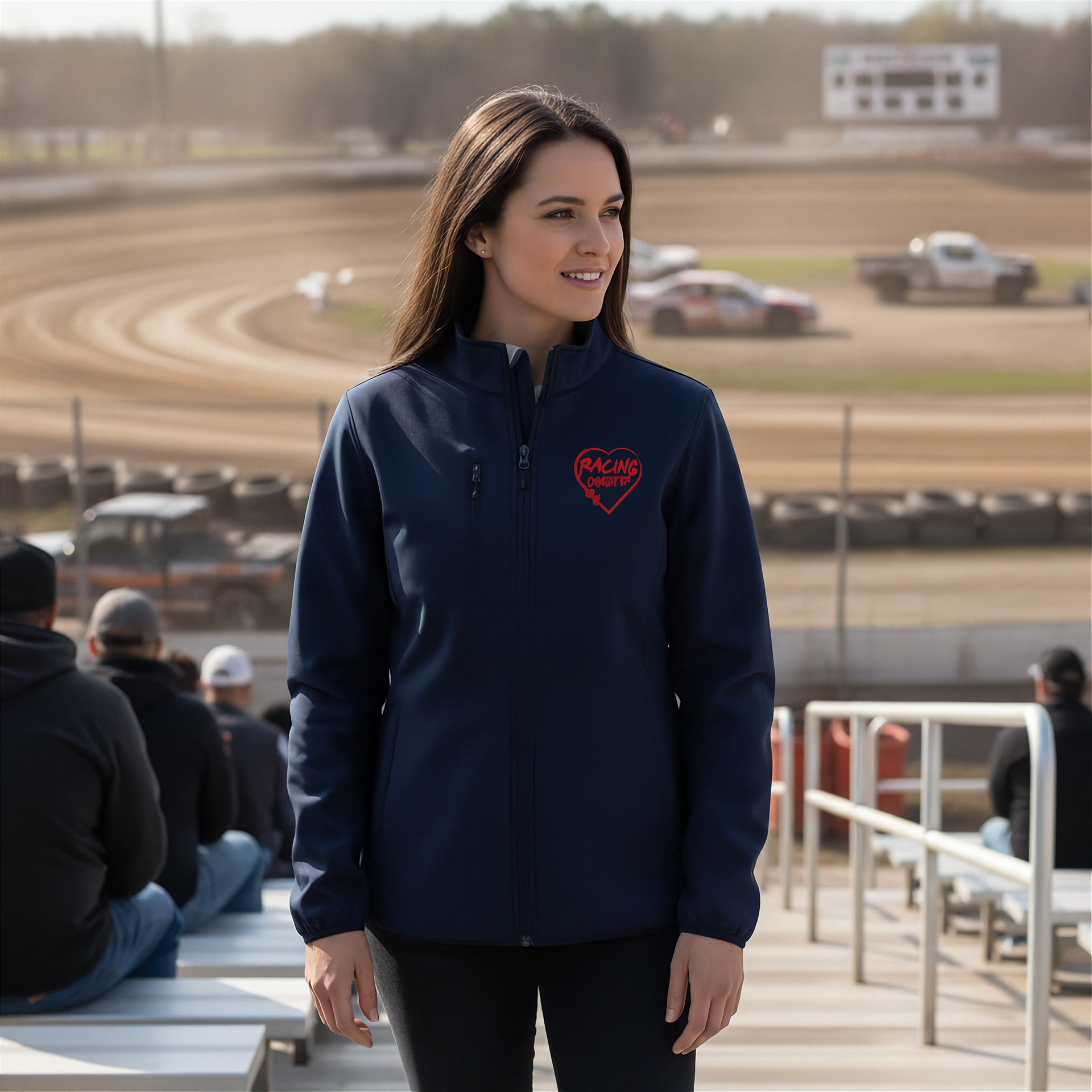 Woman wearing a navy blue jacket with a red racing daughter heart design at a race track.