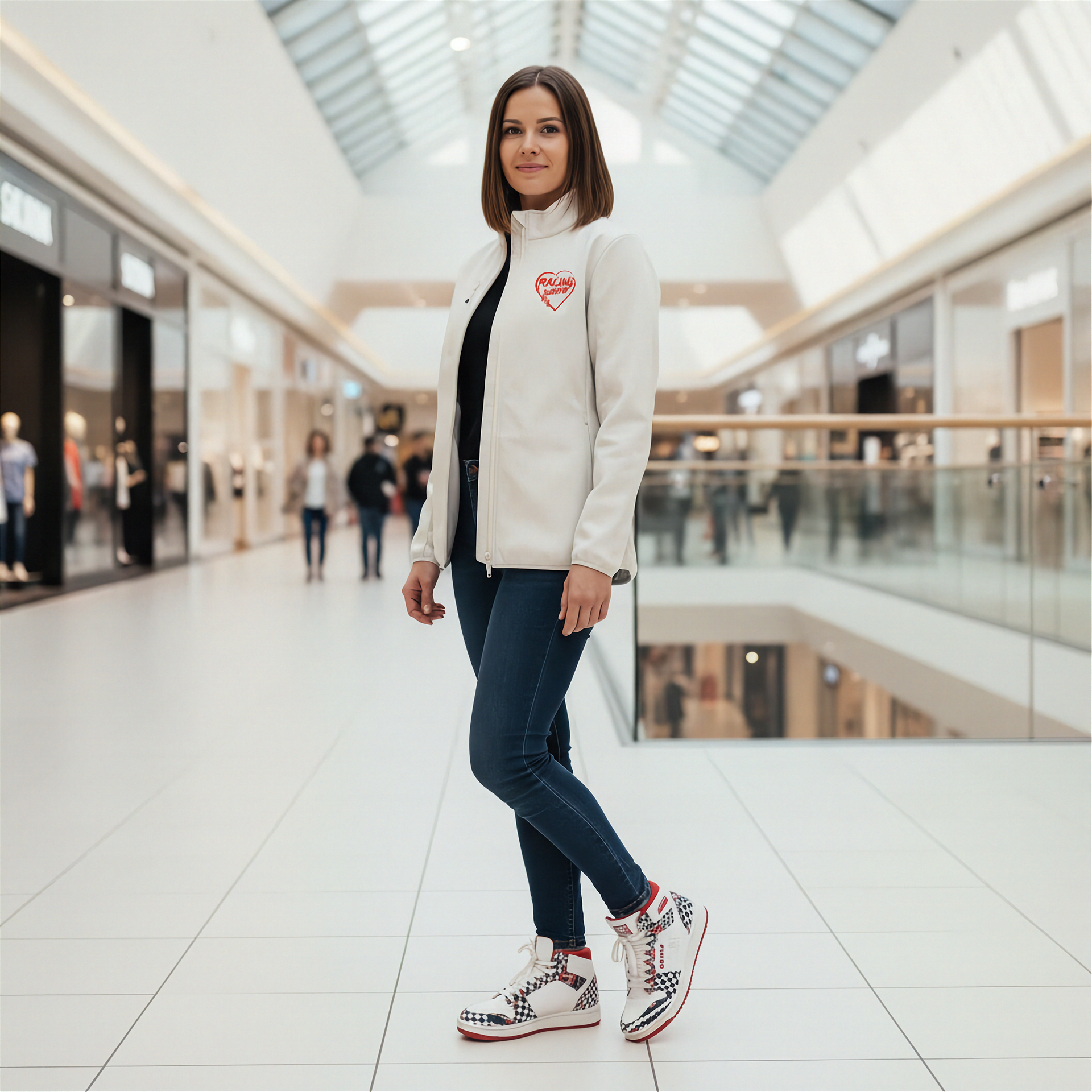 Woman standing in a modern mall wearing a white jacket with a red racing daughter heart design, dark jeans, and checkered shoes.