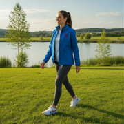 Woman walking on grass by a lake wearing a blue jacket with a red racing daughter heart design.