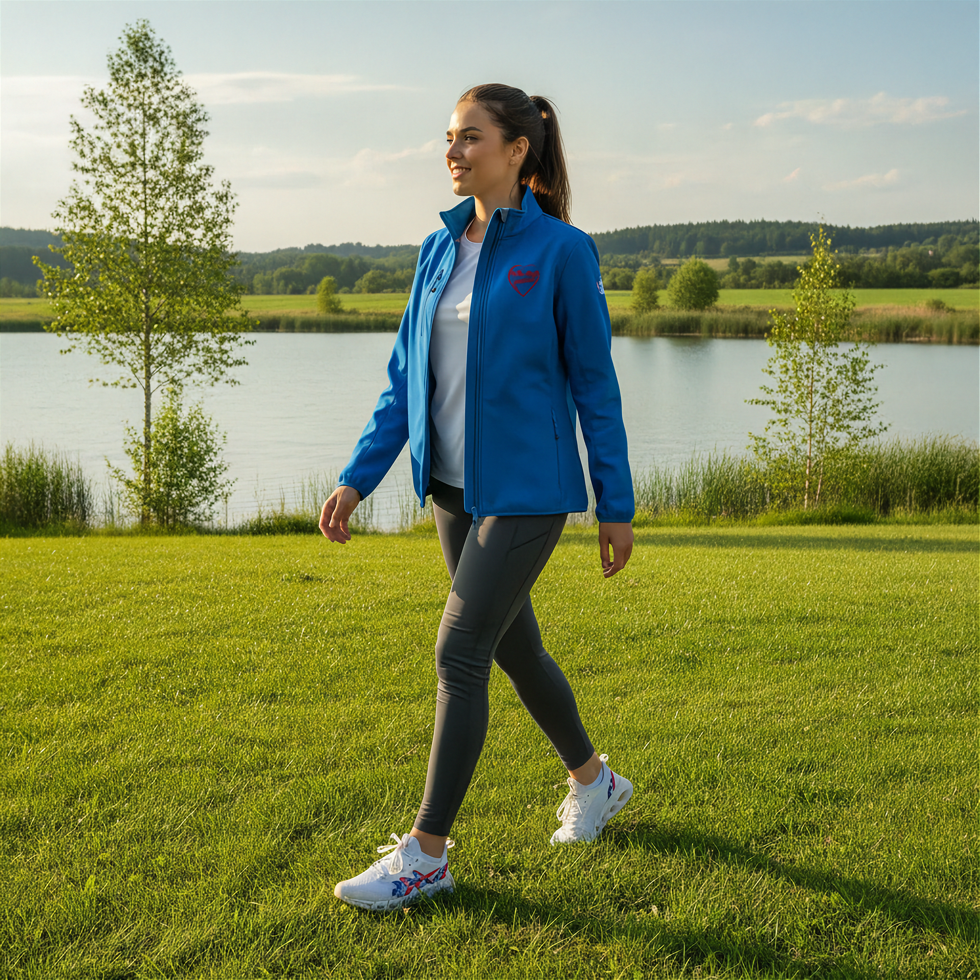 Woman walking on grass by a lake wearing a blue jacket with a red racing daughter heart design.