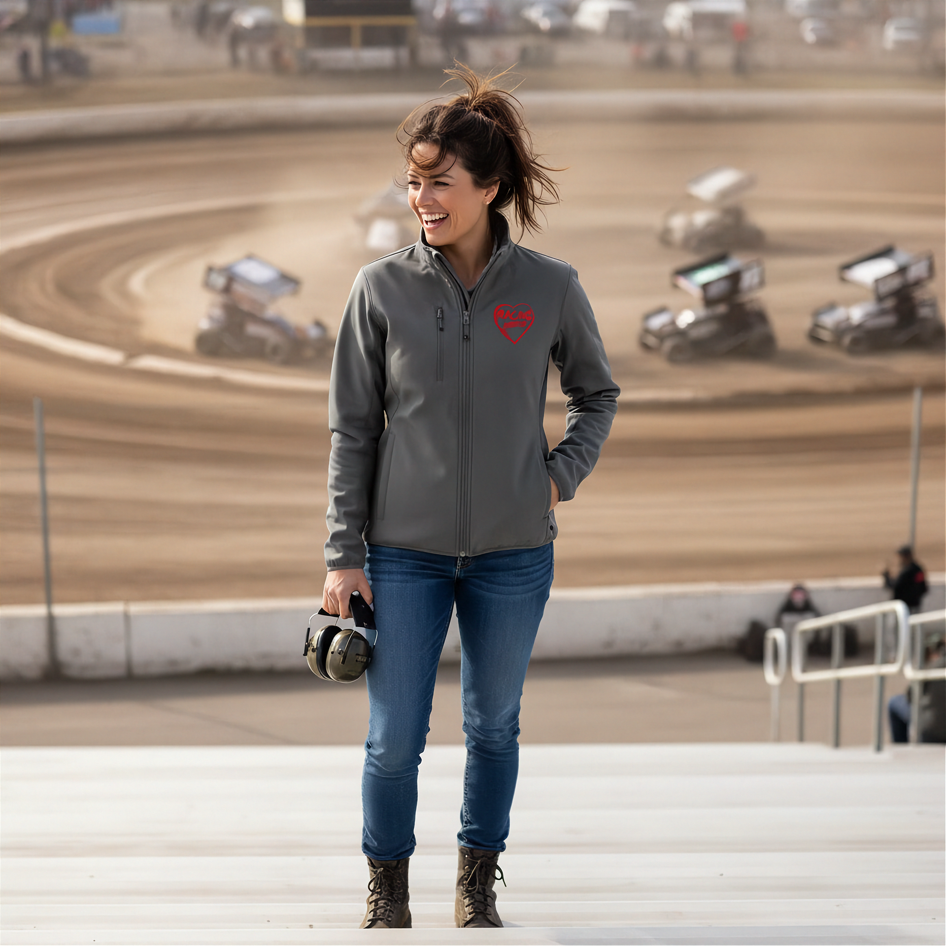 Woman in a gray jacket with a red racing daughter heart design standing on a race track.
