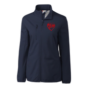 Navy jacket with a red racing daughter heart design on a white background
