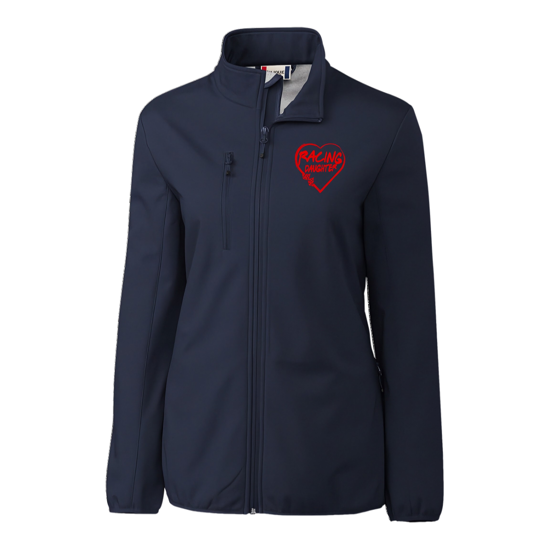 Navy jacket with a red racing daughter heart design on a white background