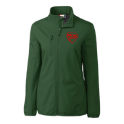 Green jacket with a red racing daughter heart design on a white background