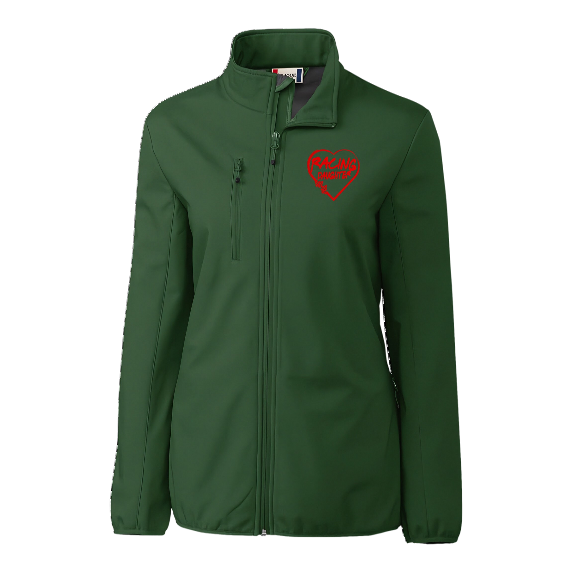Green jacket with a red racing daughter heart design on a white background
