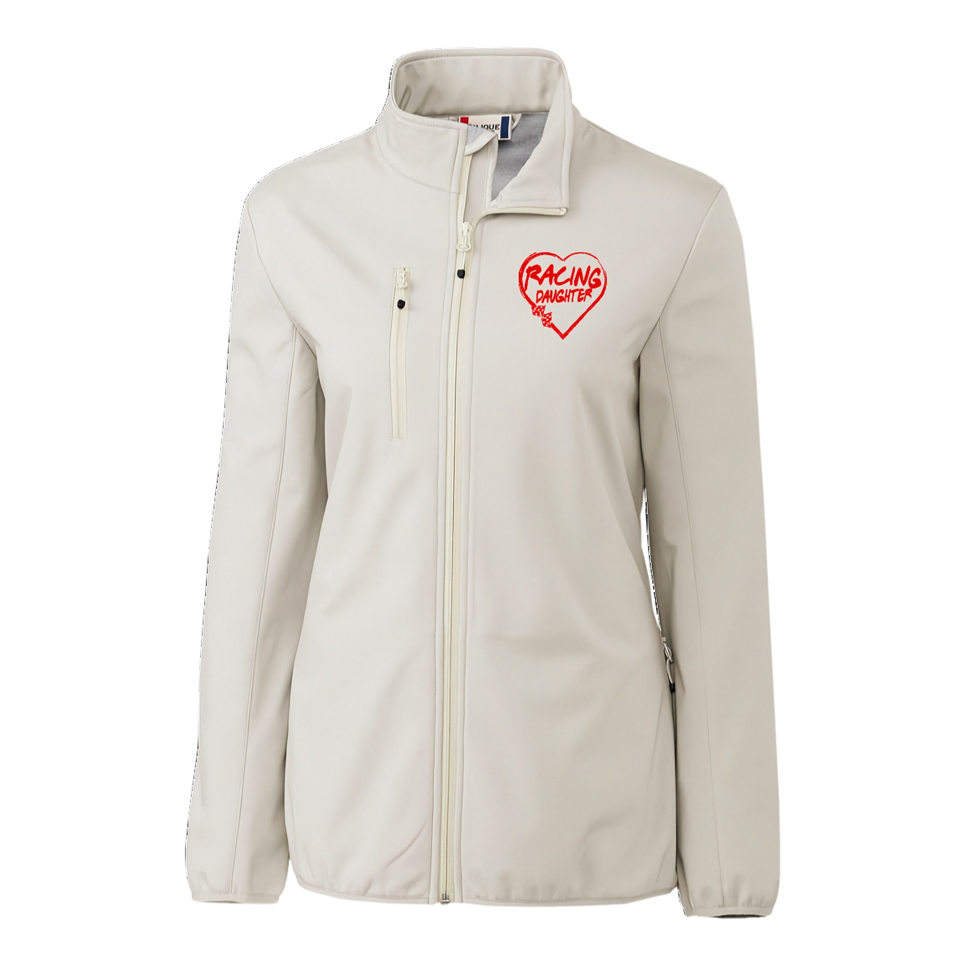 Beige jacket with a red racing daughter heart design design on a white background