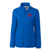 Blue jacket with a red heart logo on a white background