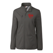 Gray jacket with a red logo on a white background