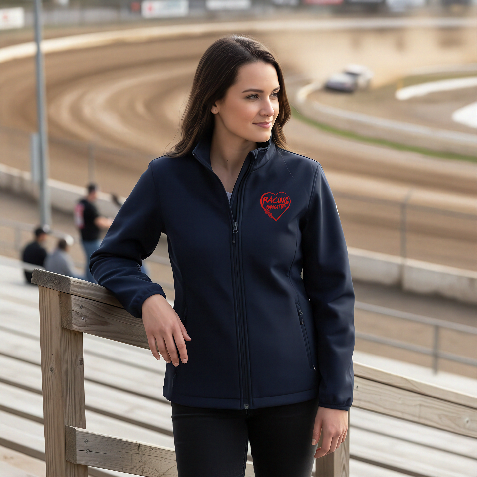 Woman wearing a navy blue jacket with a red racing daughter heart design at a race track.