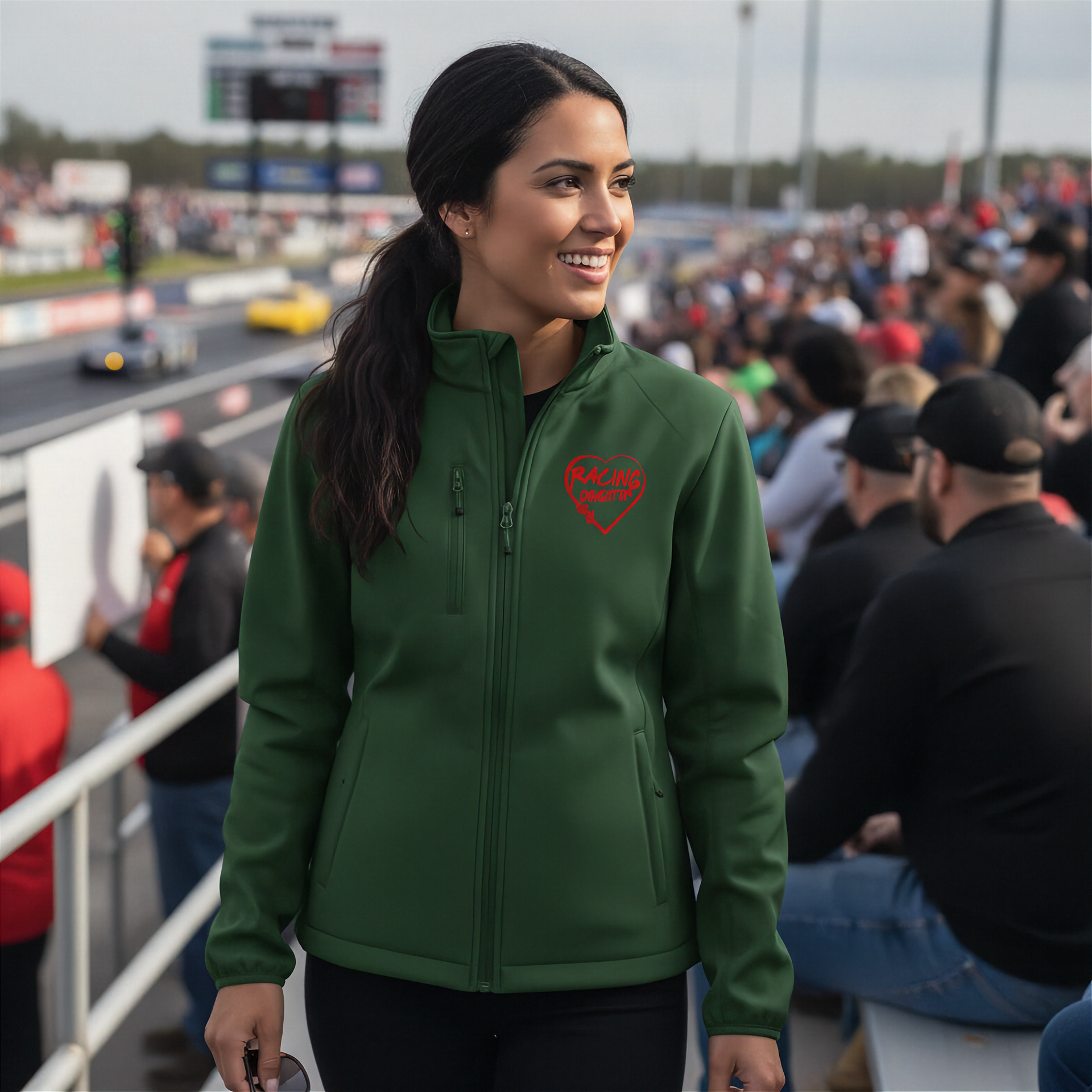 Woman wearing a green jacket with a red racing daughter heart design at a race track event