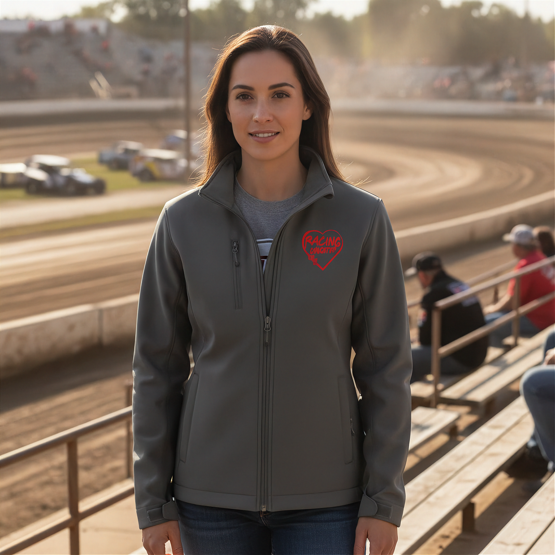 Woman wearing a gray jacket with a red racing daughter heart design at a race track.