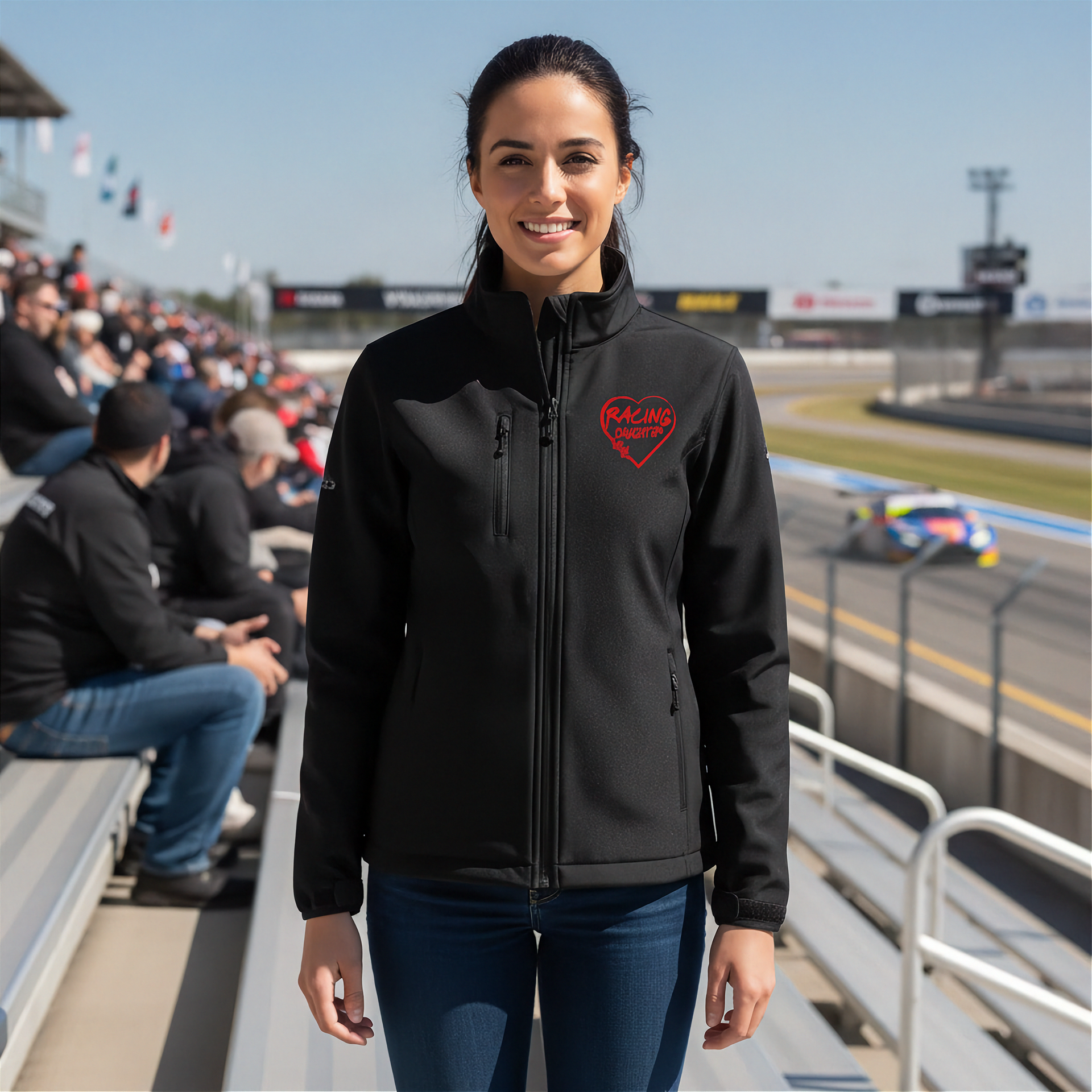 Woman wearing a black jacket with a red racing daughter heart design at a race track