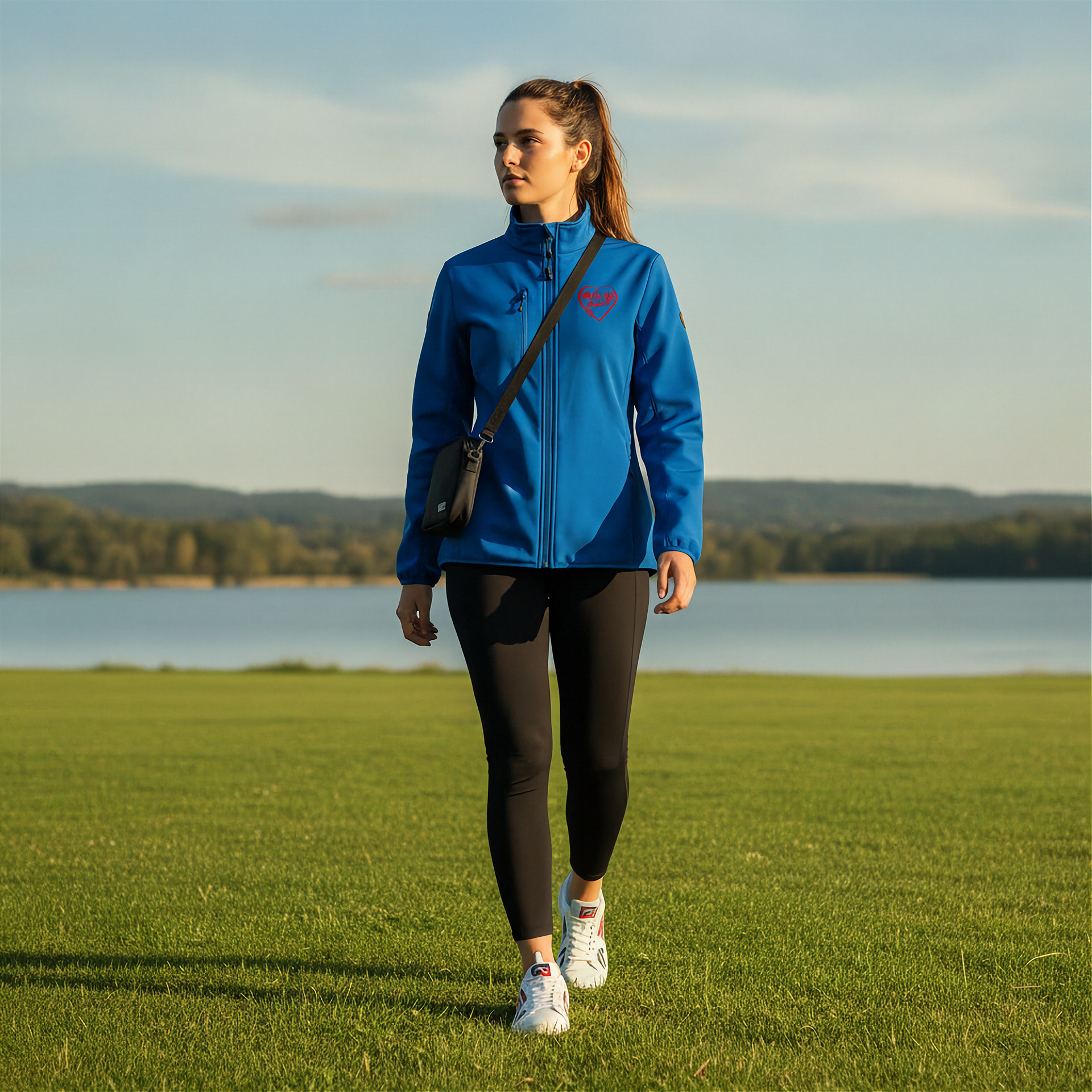 Woman in a blue jacket with a red racing daughter heart design walking on grass with a lake and trees in the background