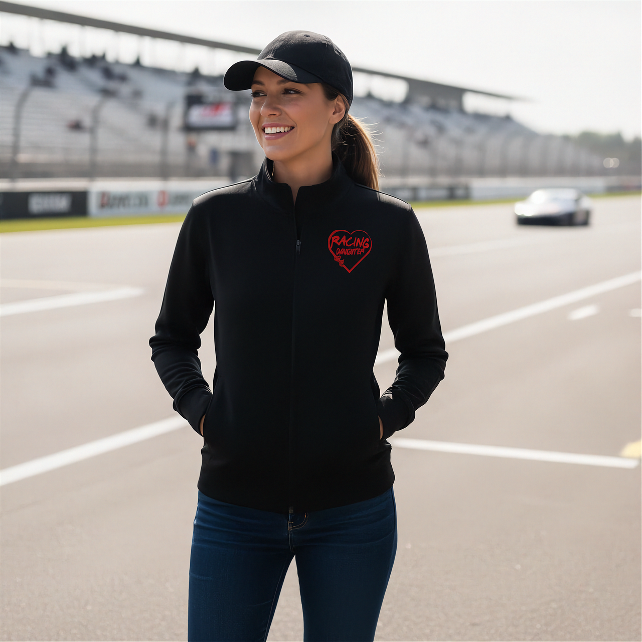 Woman wearing a black jacket with a red racing daughter heart design on a race track