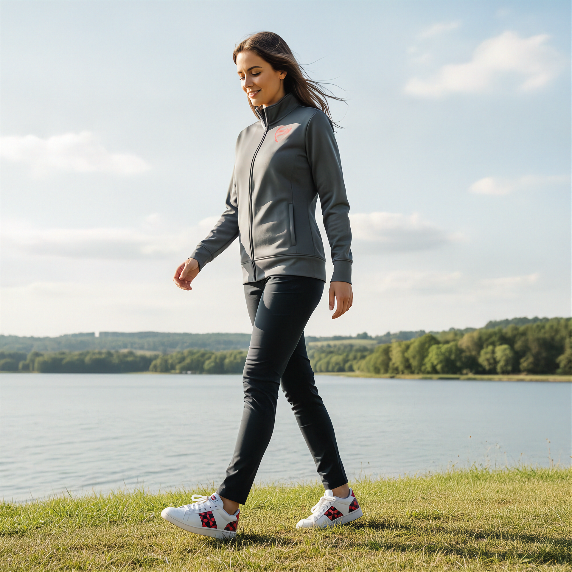 Woman walking by a lake wearing a gray jacket with a red racing daughter heart design and black pants.