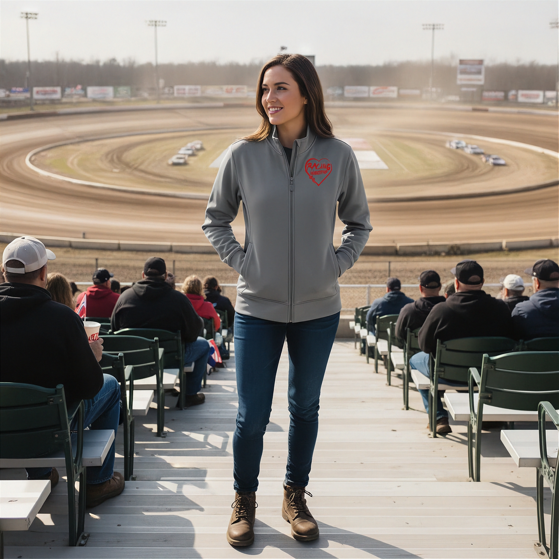 Woman standing on a race track stand wearing a gray jacket with a red logo, with a race track in the background.