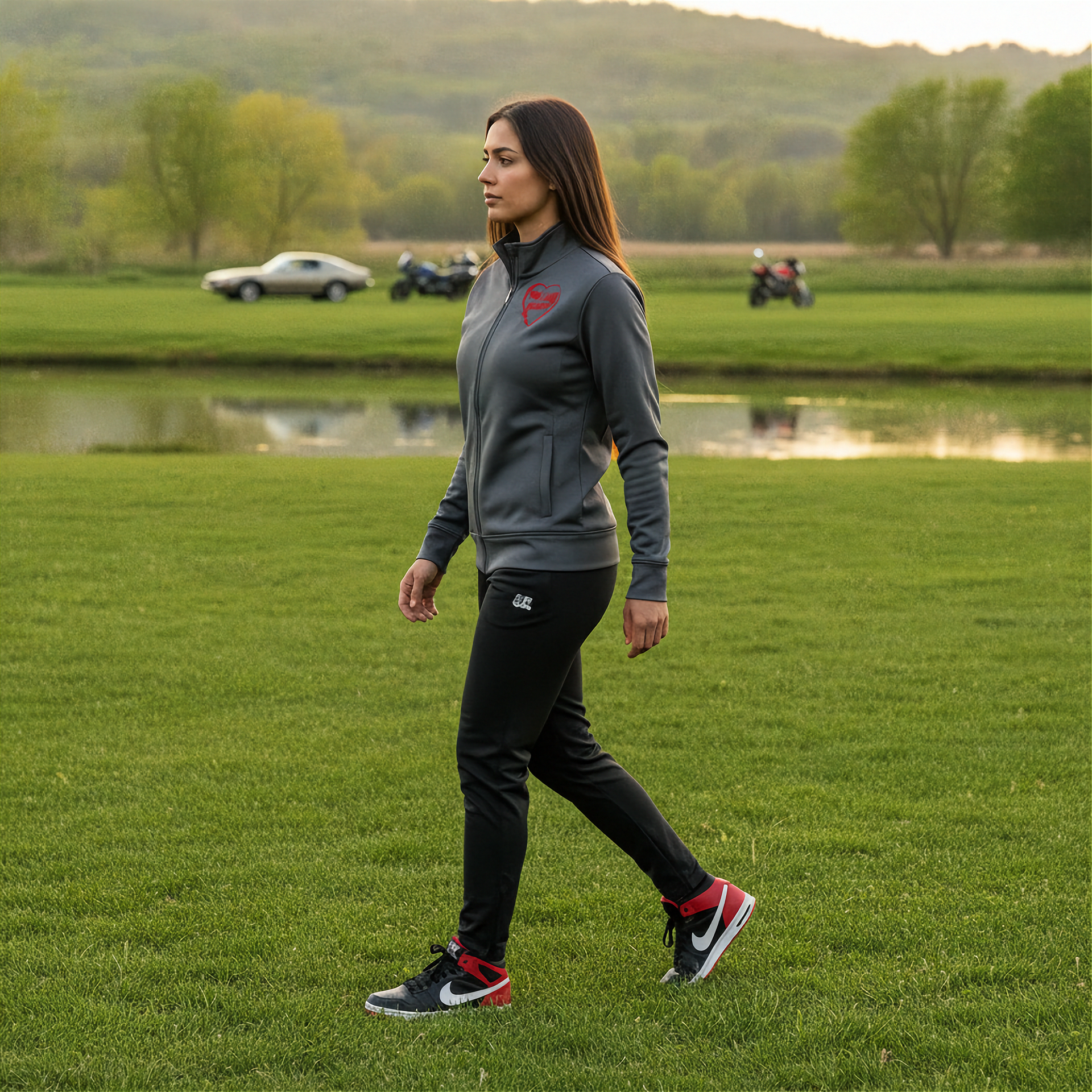 Woman walking on grass wearing a gray jacket and black pants with red accents.