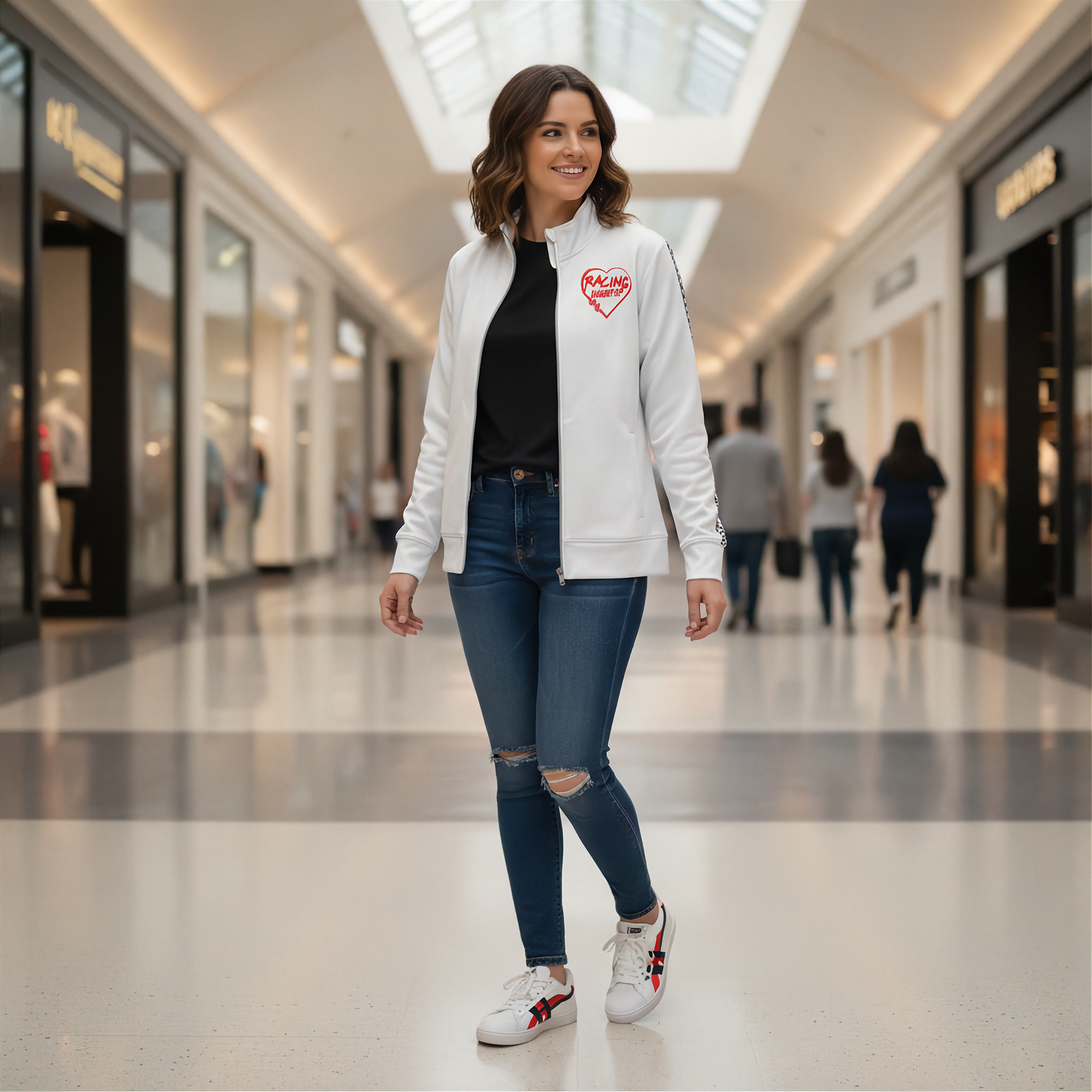 Woman in a white jacket with a red heart logo standing in a shopping mall.
