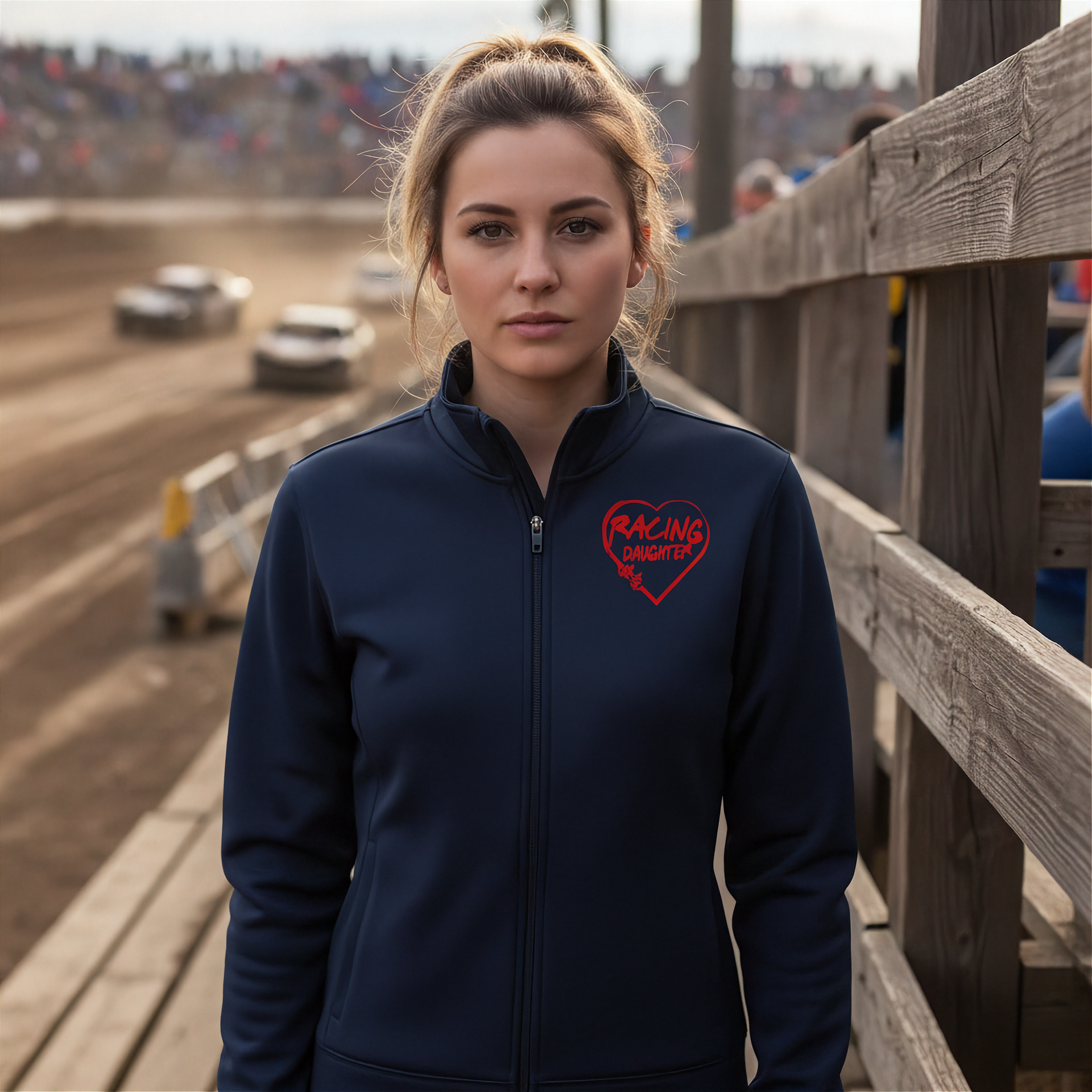 Woman wearing a navy blue jacket with a red heart design at a race track.