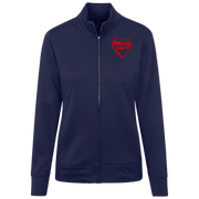Navy blue jacket with a red racing daughter heart design on a white background