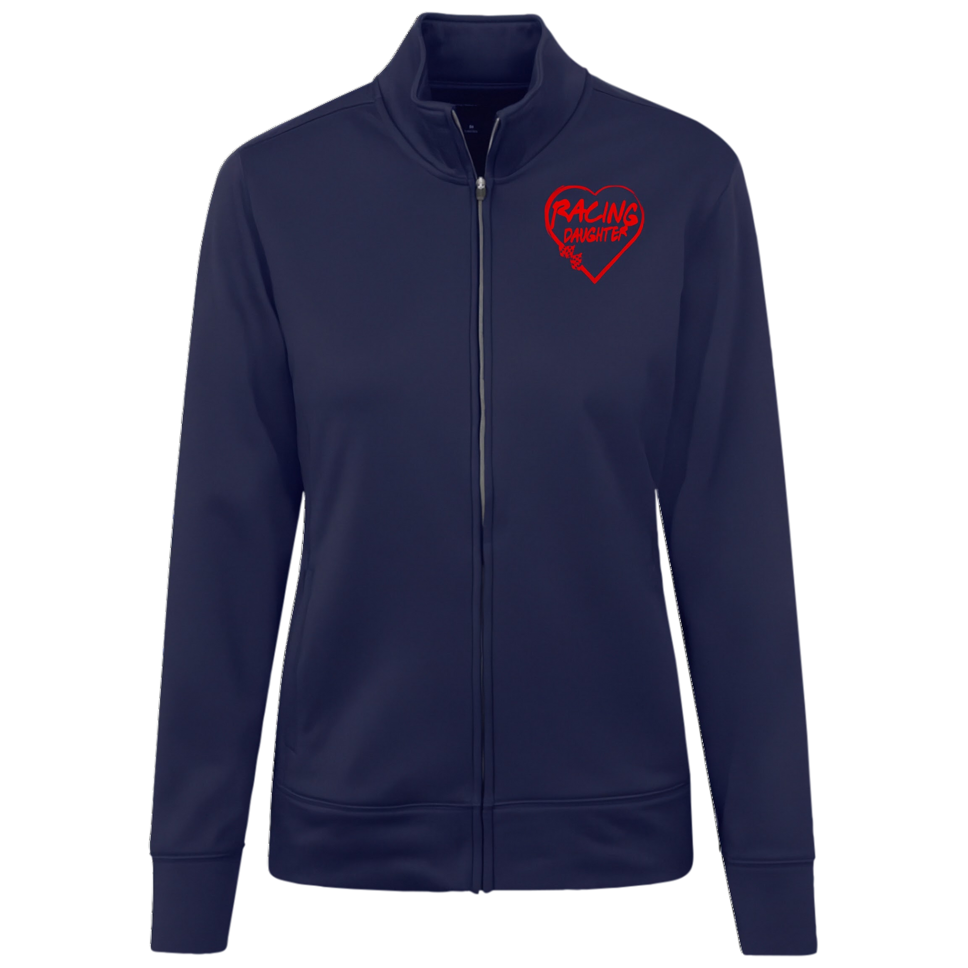 Navy blue jacket with a red racing daughter heart design on a white background