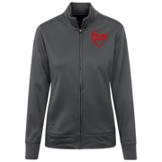 Gray jacket with a red racing daughter heart design on a white background