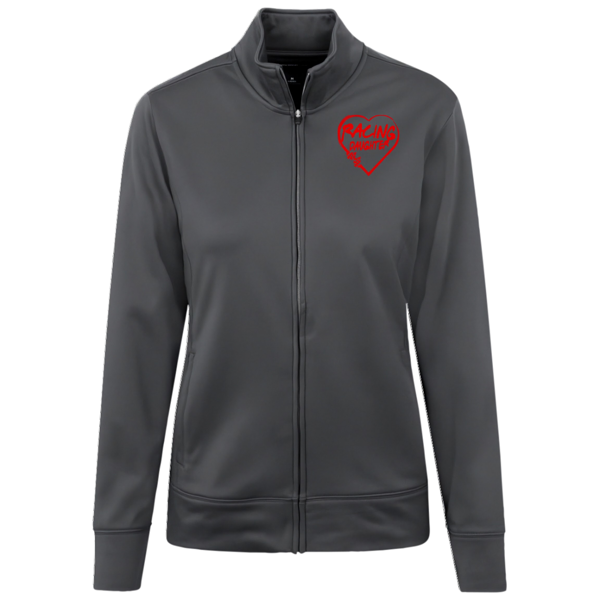 Gray jacket with a red racing daughter heart design on a white background