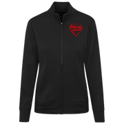 Black jacket with a red heart logo on a white background