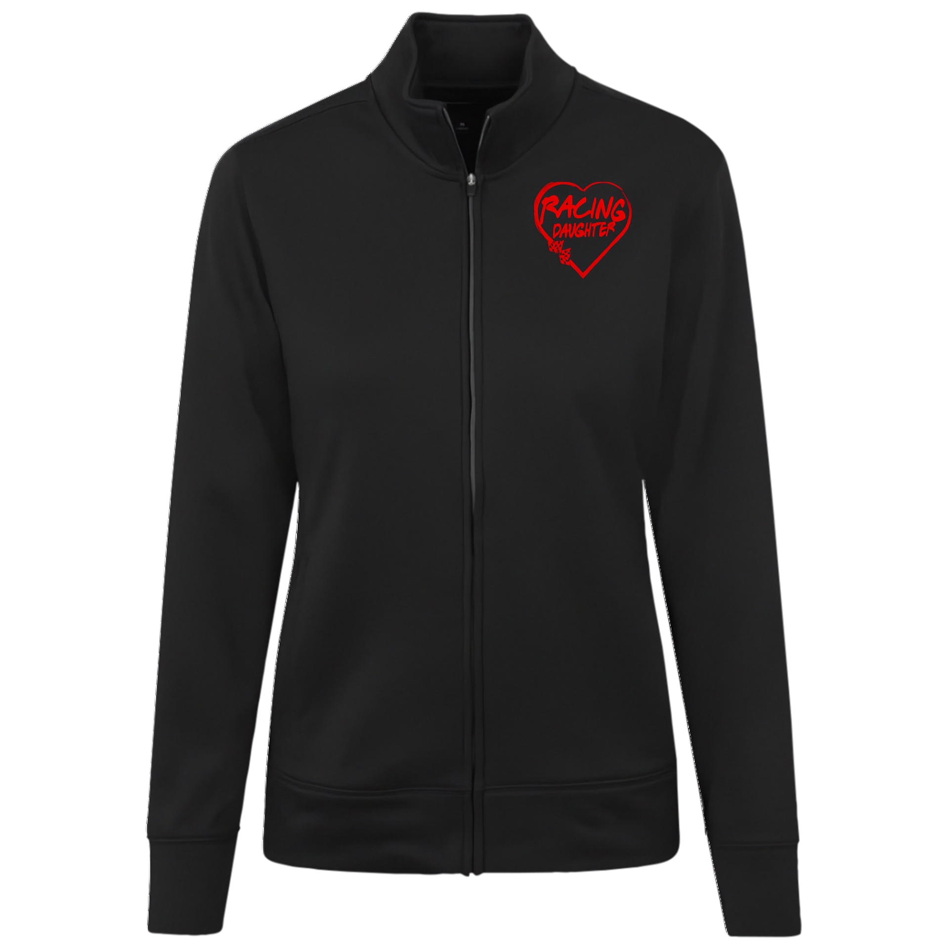 Black jacket with a red heart logo on a white background