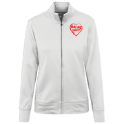 White jacket with a red heart design on the chest against a white background