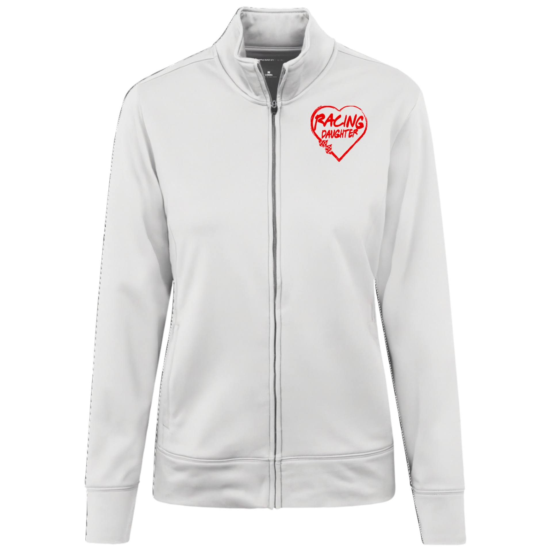 White jacket with a red heart design on the chest against a white background