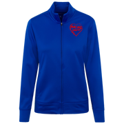 Blue jacket with red heart design on a white background