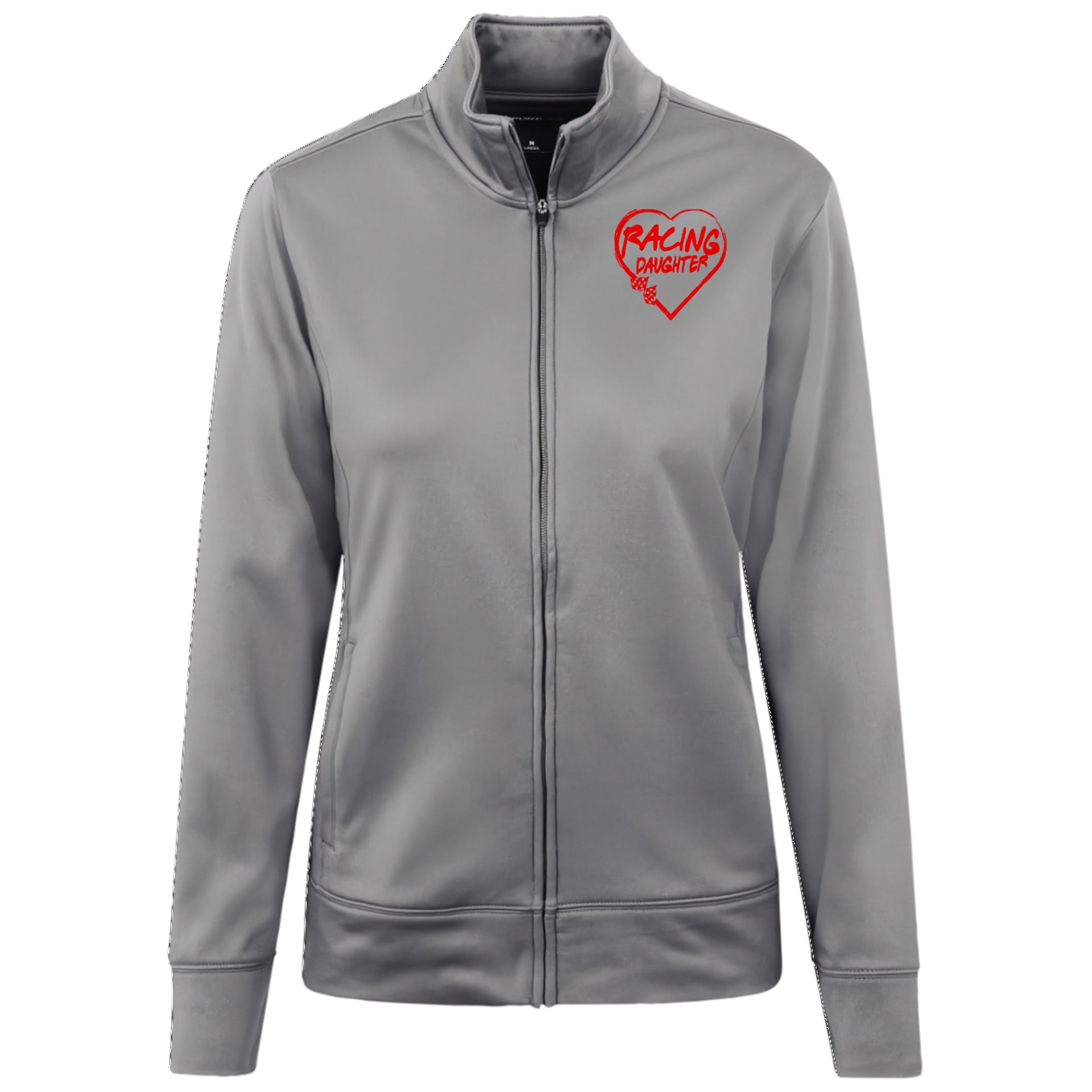 Gray jacket with a red heart design on a white background