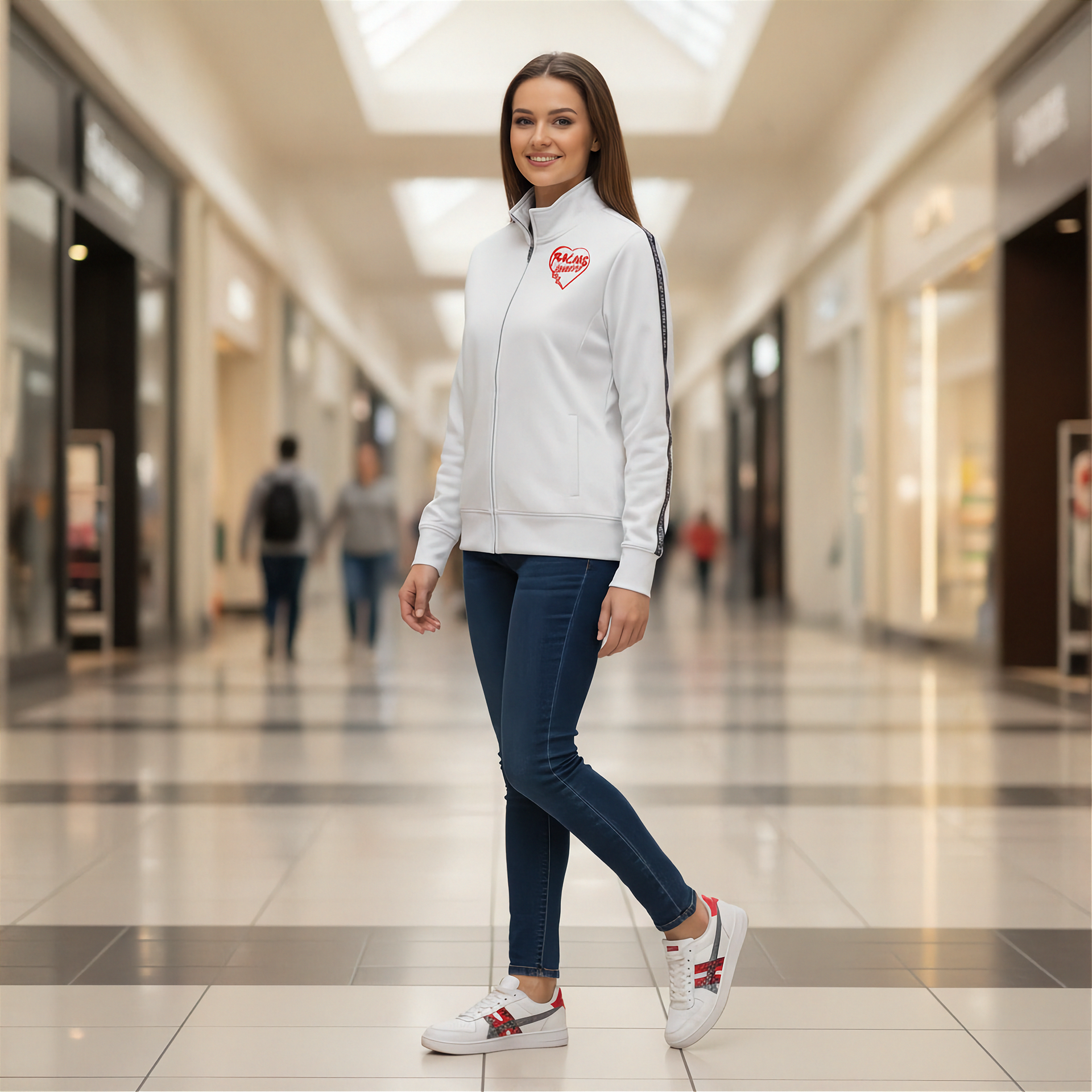 Woman in a white jacket with a red racing daughter heart design walking in a shopping mall.