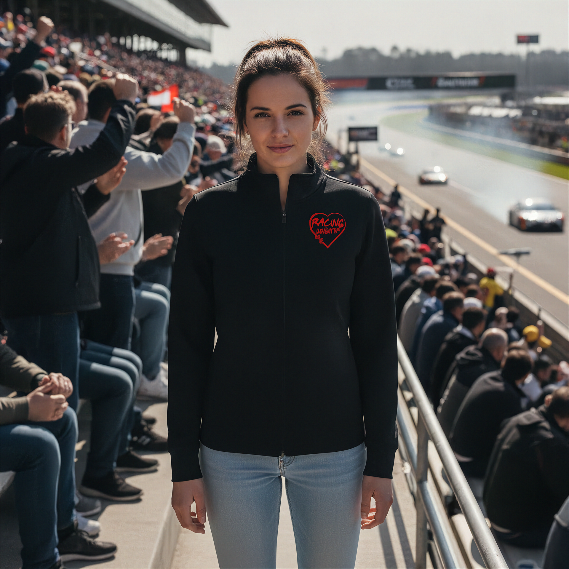Woman in a black jacket with a red racing daughter heart design at a race track event