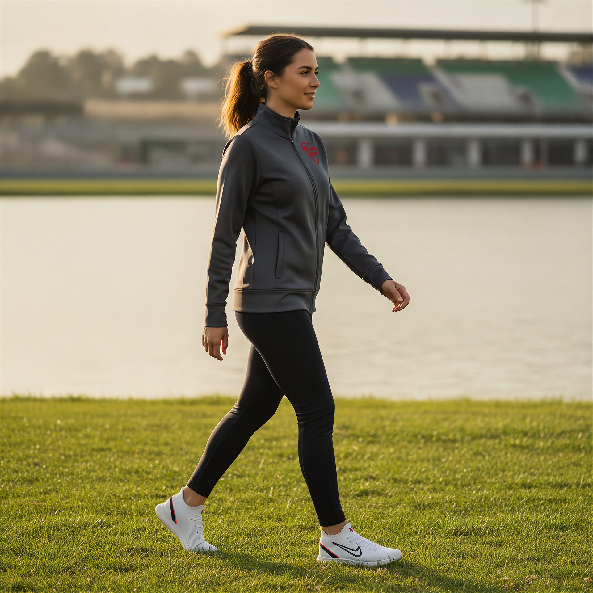 Woman wearing a grey jacket with a red racing daughter heart design walking on a grassy field with a lake and stadium in the background