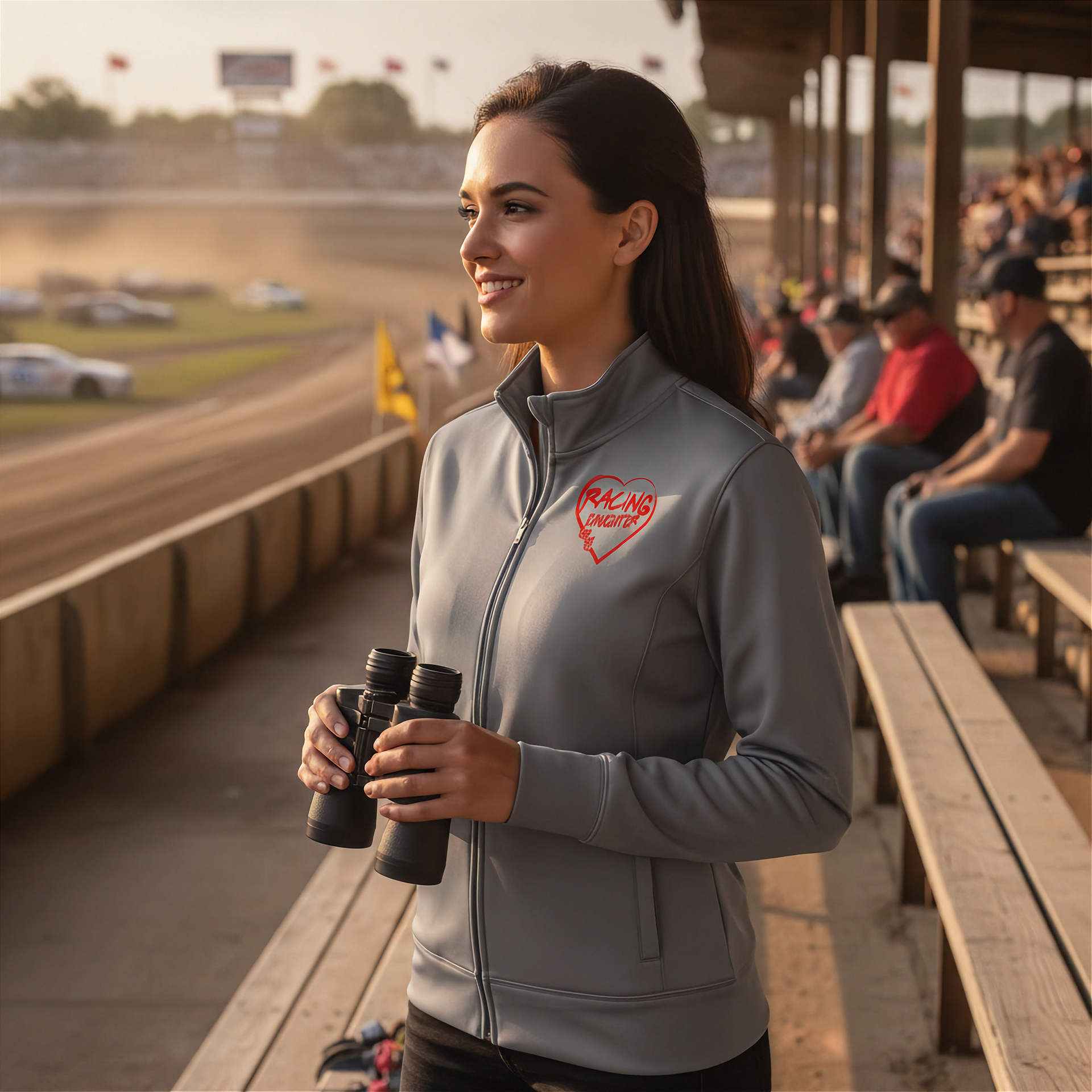 Woman in a racing jacket with binoculars and a red racing daughter heart design at a race track