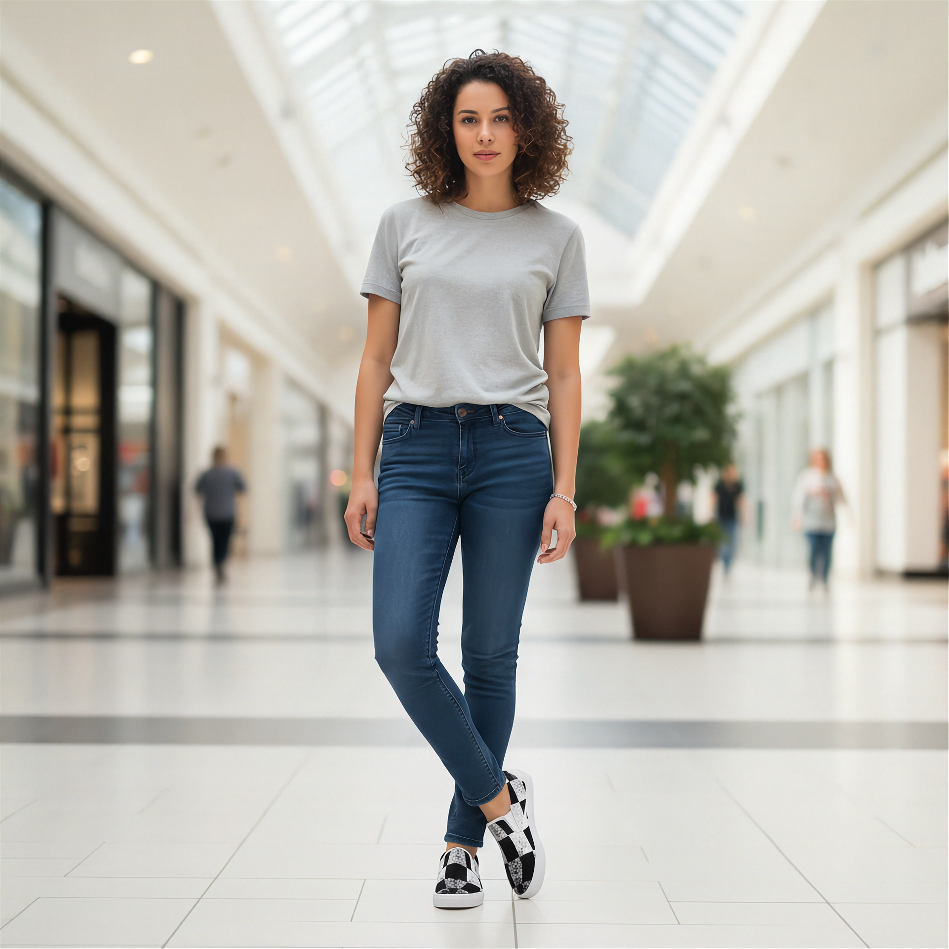 Woman wearing a gray t-shirt and blue jeans and checkered slip-on shoes standing in a shopping mall.