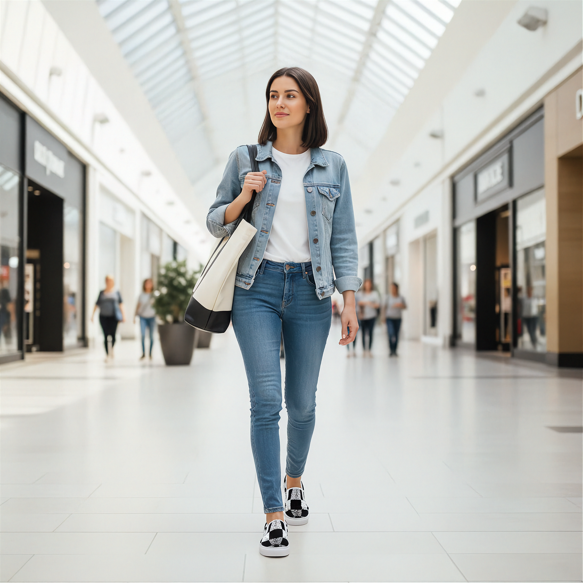 Woman walking in a modern mall wearing a denim jacket and jeans and checkered shoes