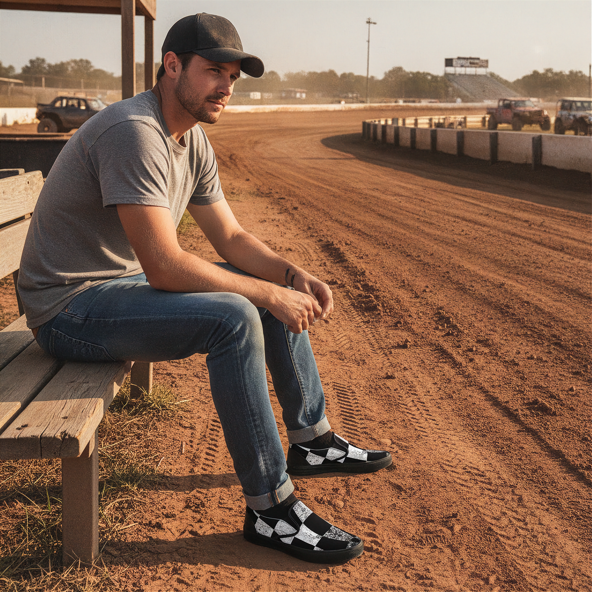 Man sitting on a wooden bench at a race track wearing checkered slip on shoes