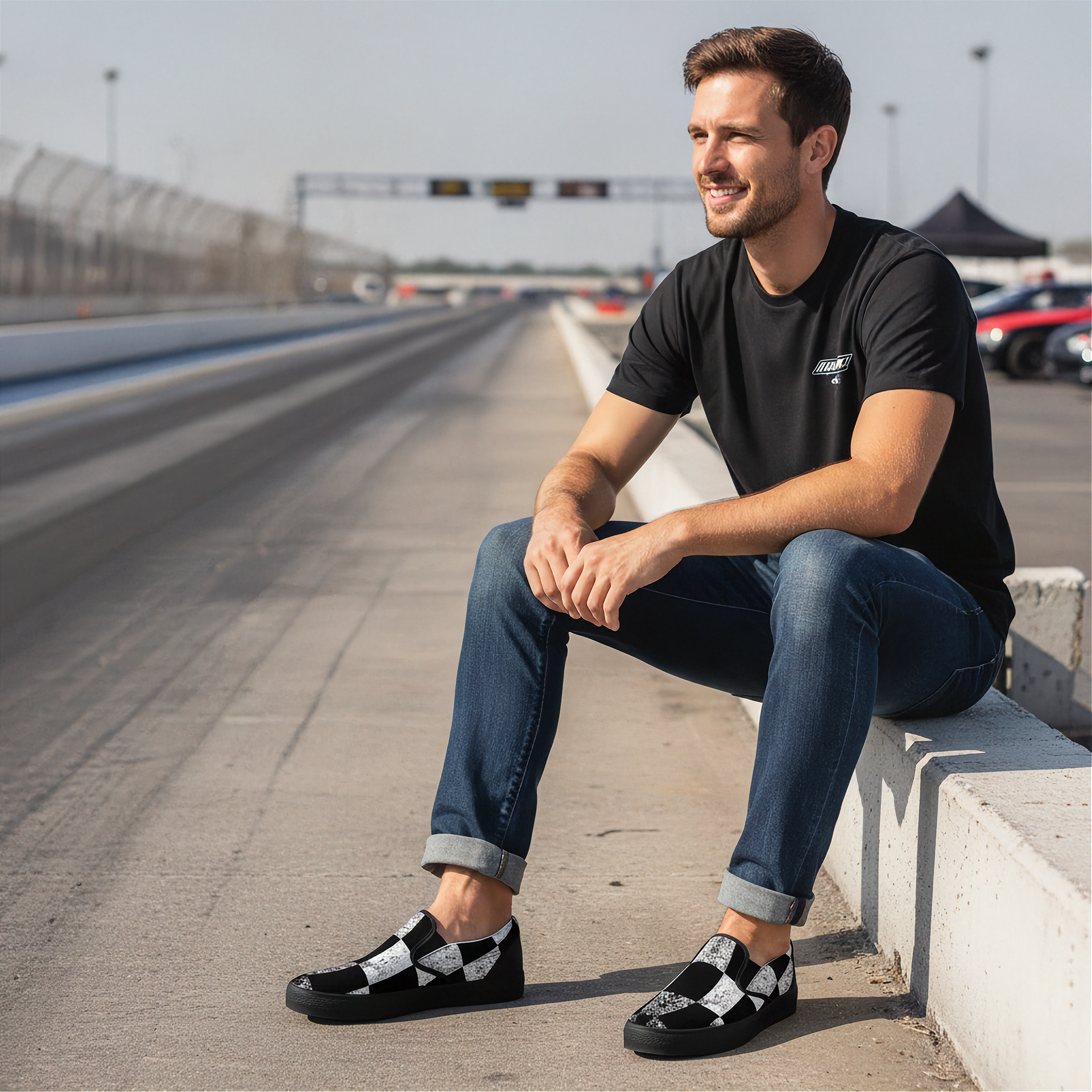 Man sitting on a track wearing black shoes with white patterns, black t-shirt, and blue jeans and checkered shoes