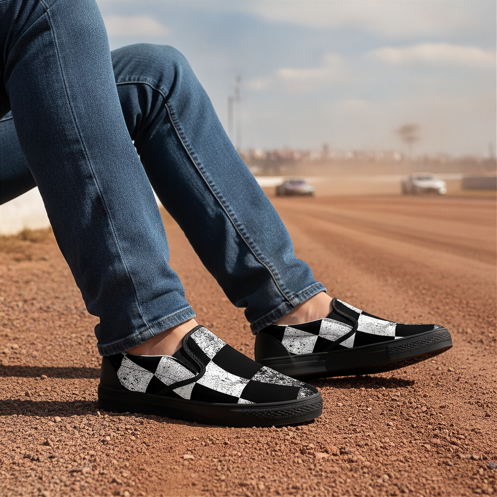 Man wearing black and white checkered shoes on a dirt surface with a blurred background