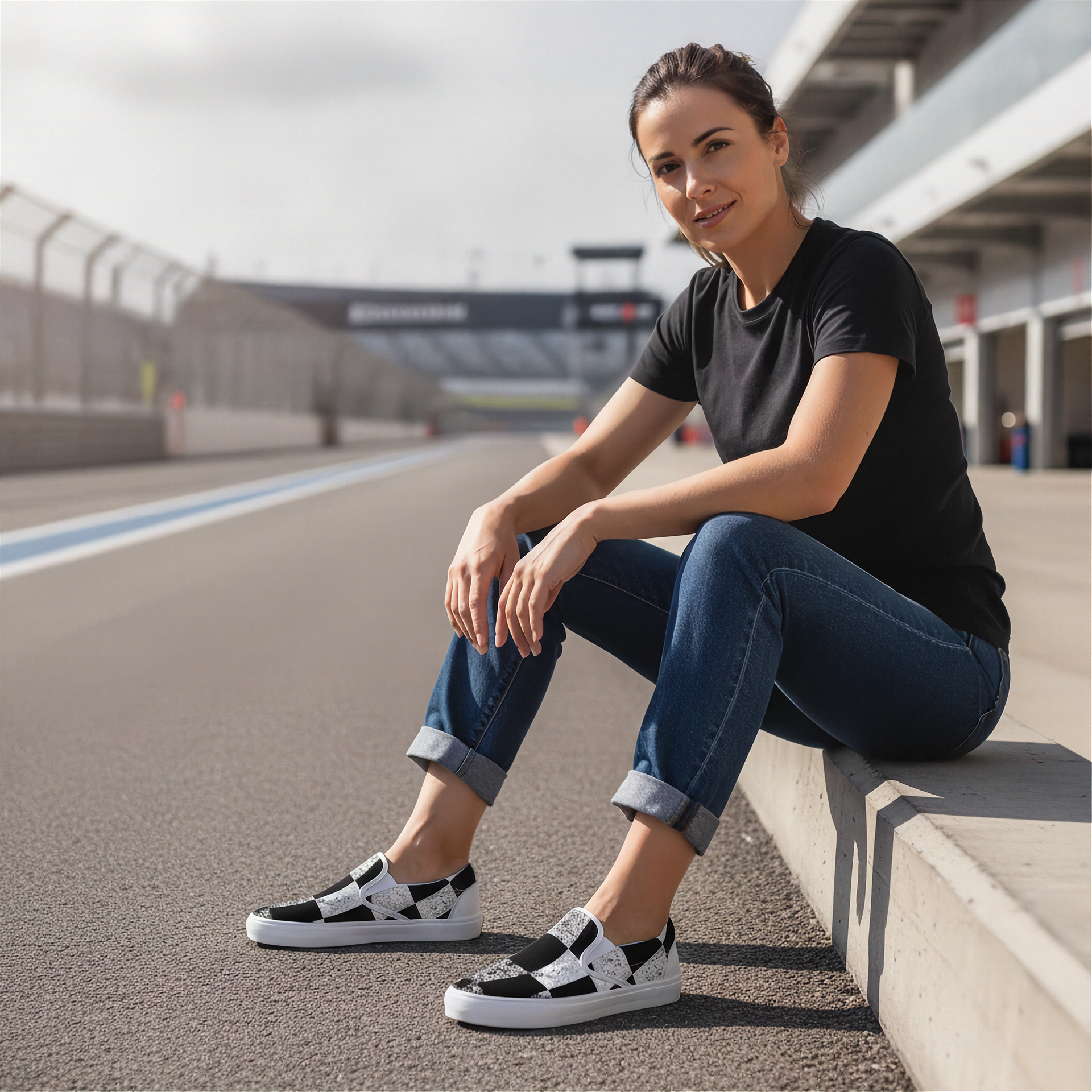 Woman sitting on a race track wearing black and white checkered slip-on shies.