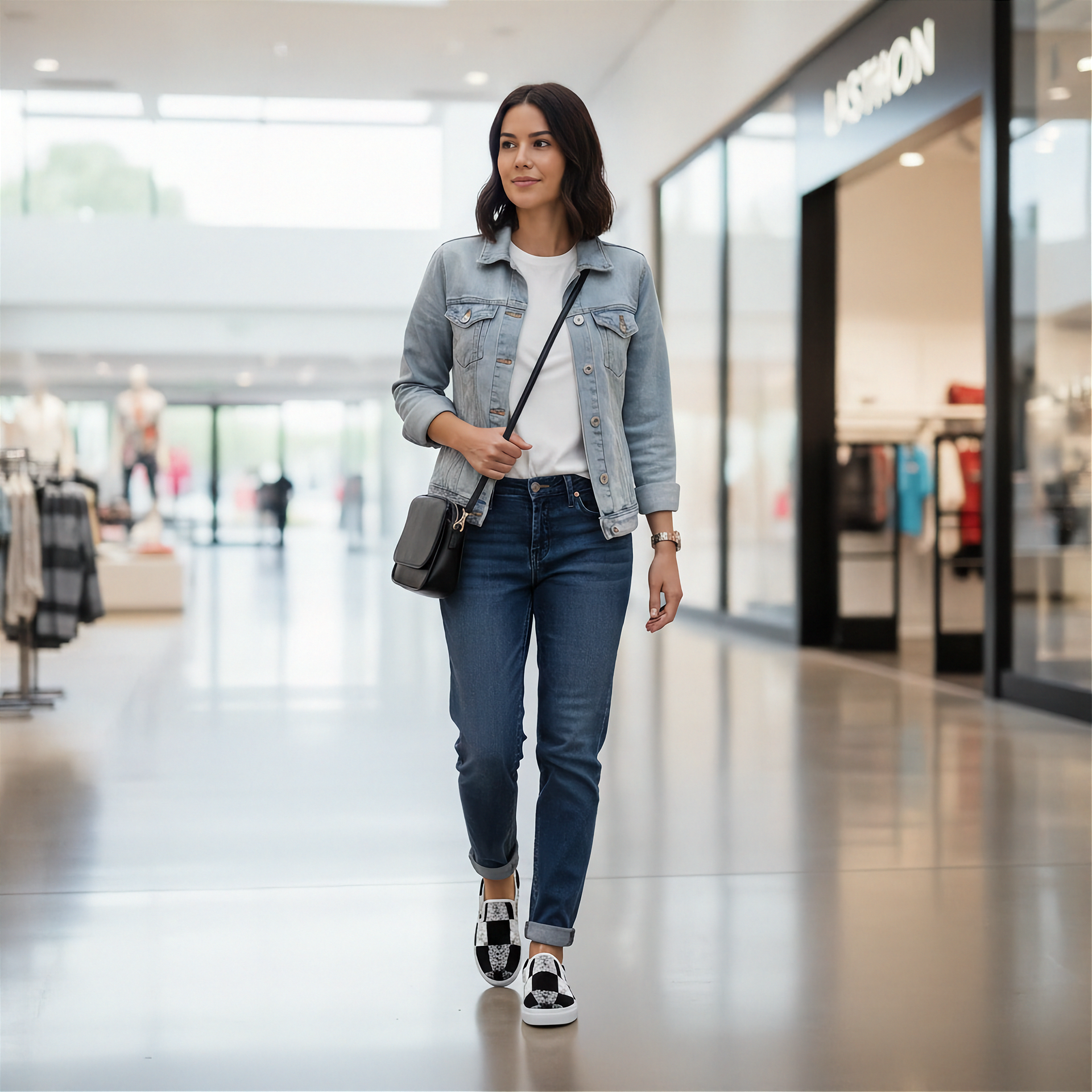 Woman walking in a shopping mall wearing a denim jacket and jeans and checkered slip on shoes.