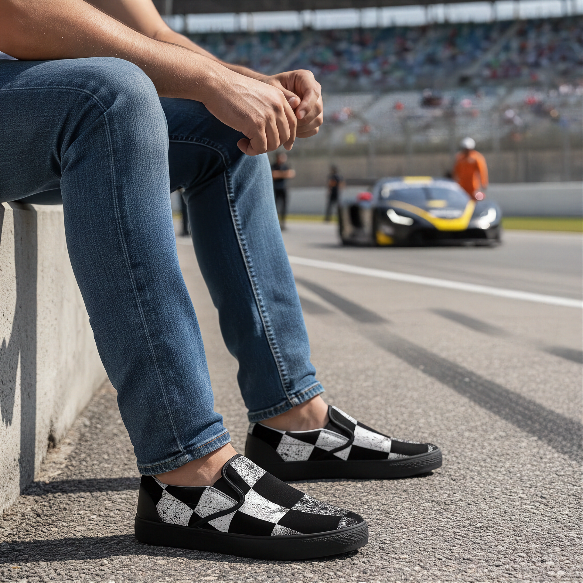 Man sitting on a race track wearing checkered shoes with a car in the background.