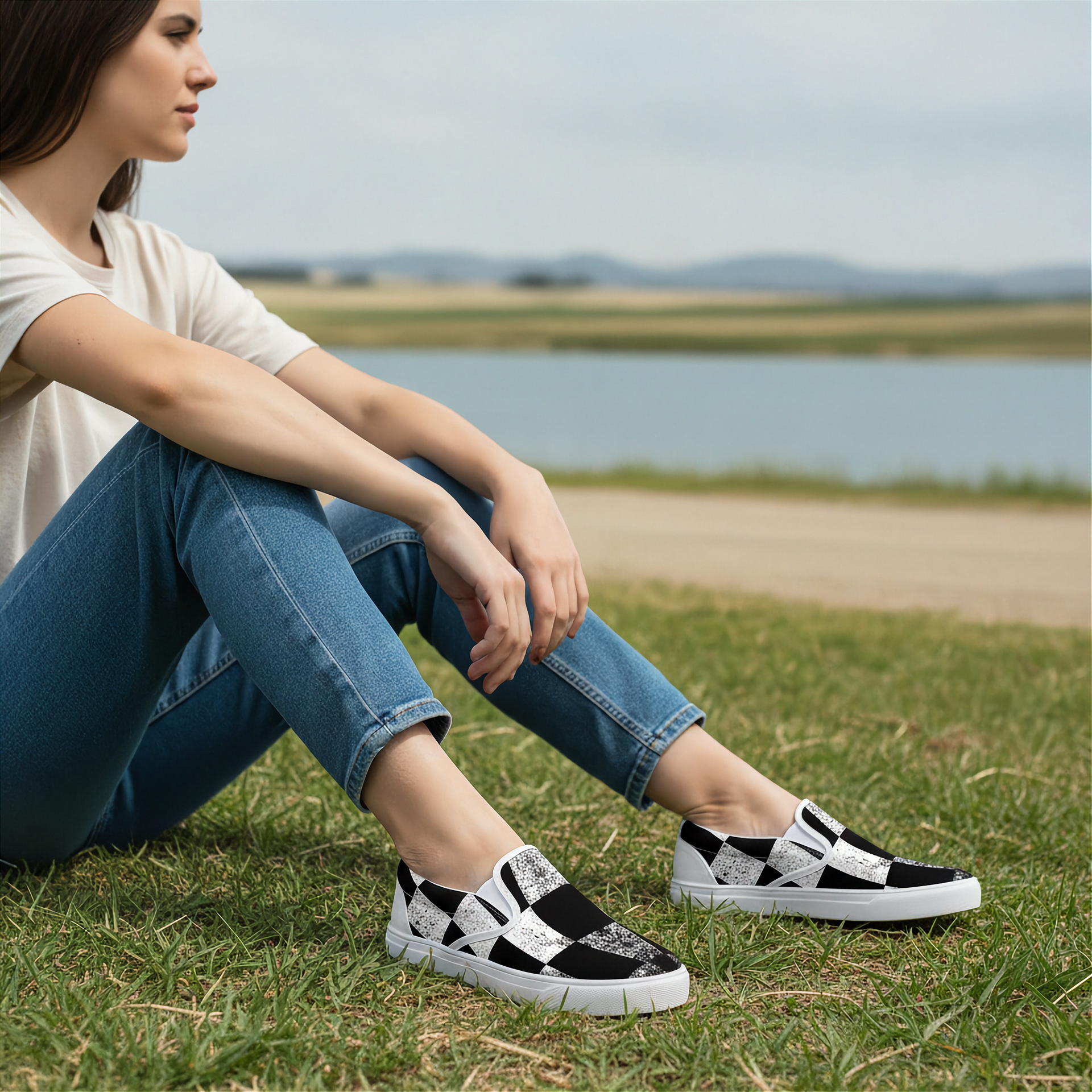 Woman sitting on grass wearing black and white checkered shoes with a scenic background.
