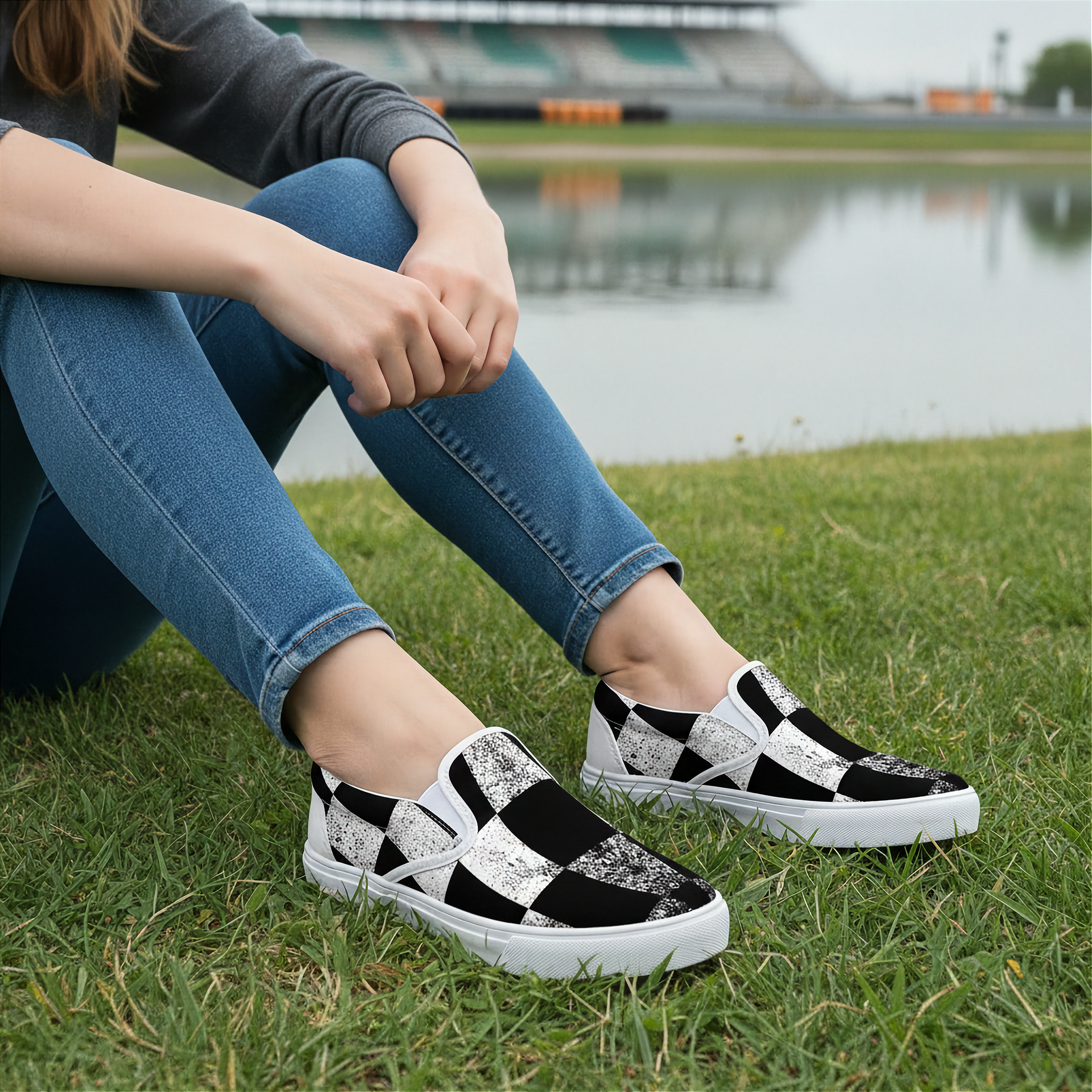 Woman wearing black and white checkered shoes sitting on grass by a lake.