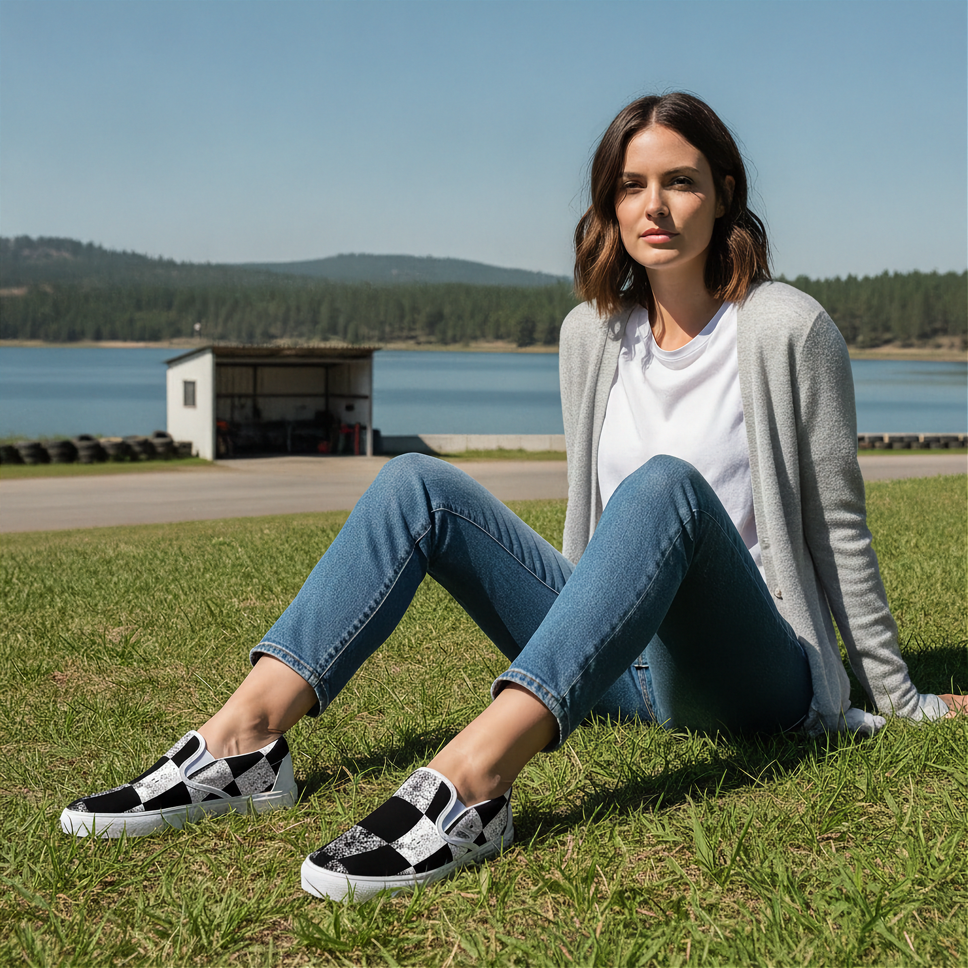 Woman sitting on grass by a lake wearing black and white checkered shoes.