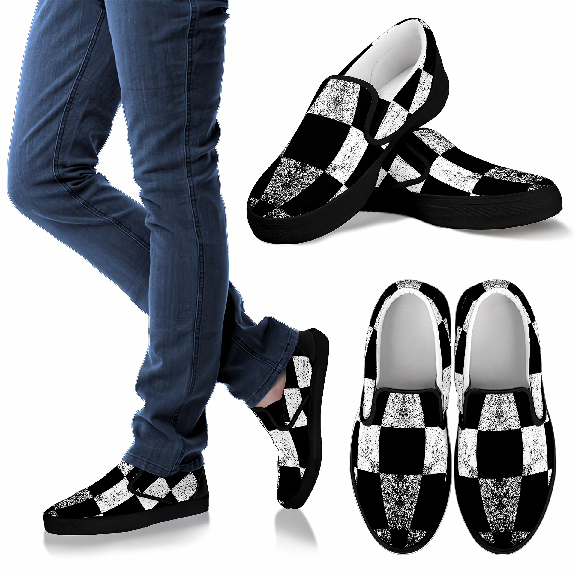 Black and white checkered slip-on shoes with glittery accents worn with blue jeans.